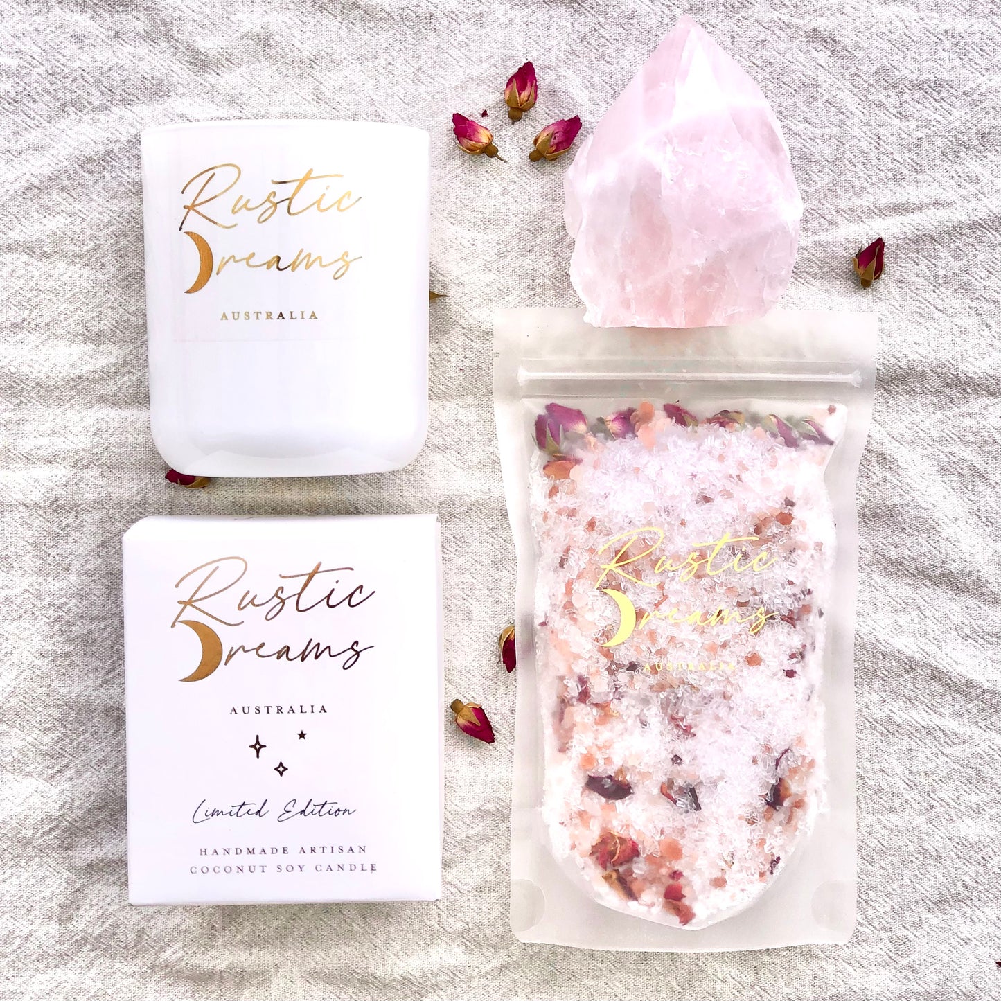 Rose Quartz Gift Box - Scented Soy Candles - Bath Salts
