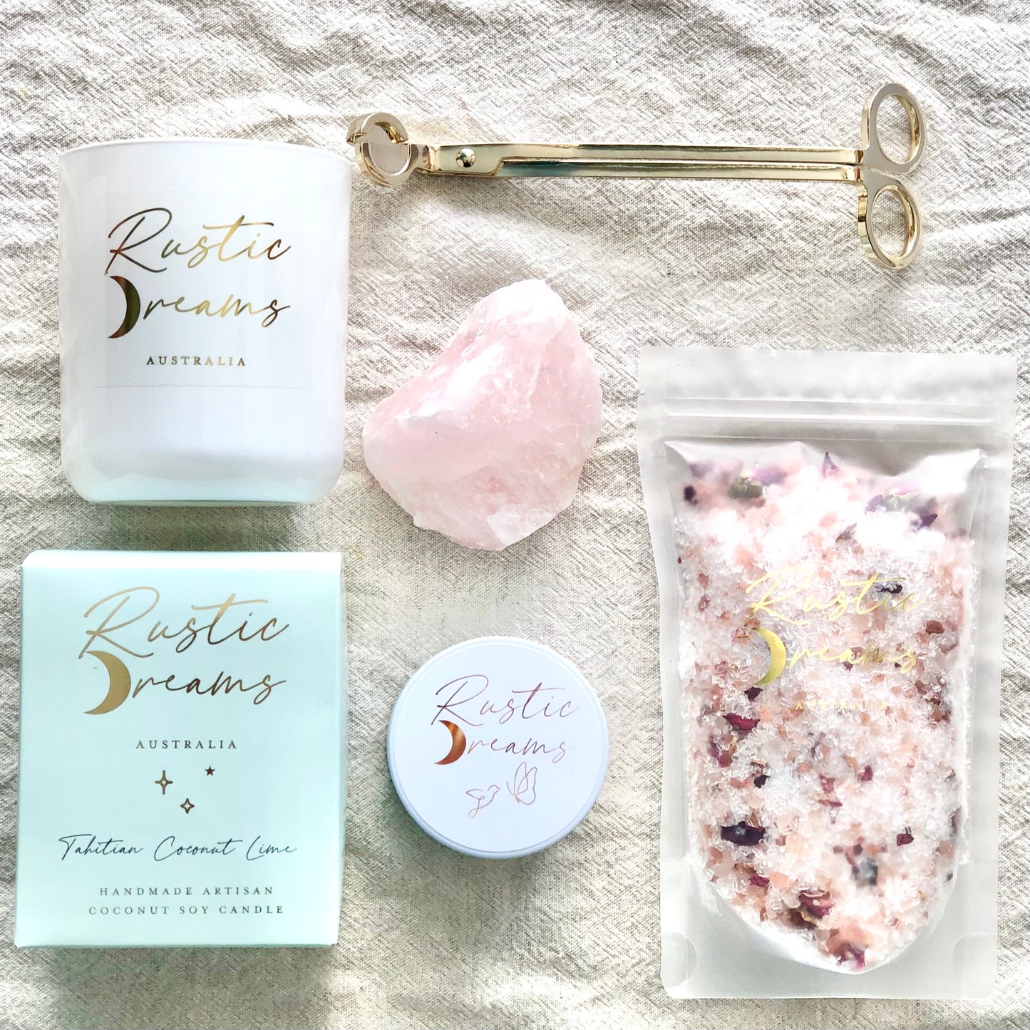Rustic Dreams Gift Box - Soy Candle - Wick Trimmer - Rose Quartz crystal - Bath Salts