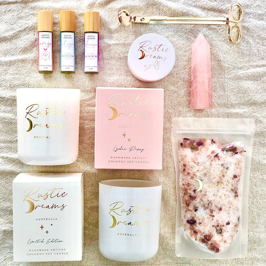 Self Love Gift Box - Scented Soy Candle - Essential Oil Roller - Wick Trimmer - Rose Quartz - Bath Salts
