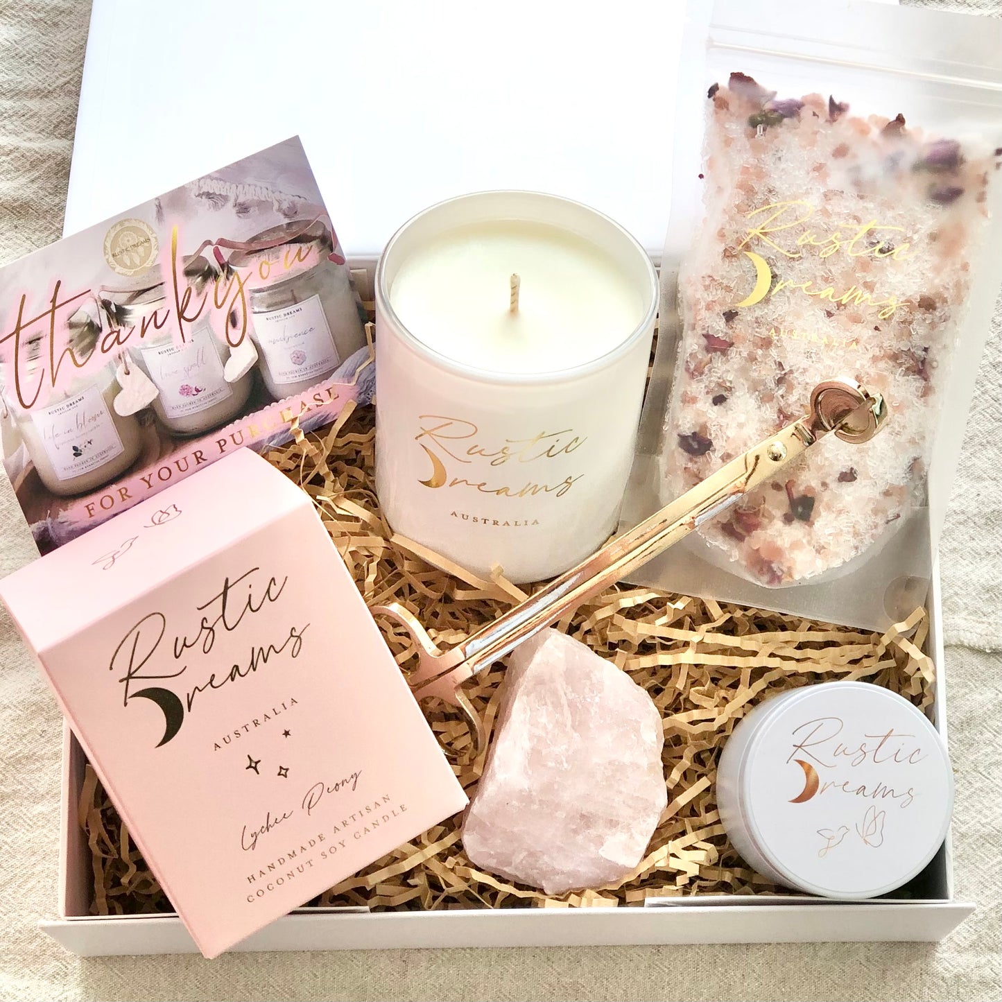 Rustic Dreams Gift Box - Soy Candle - Wick Trimmer - Rose Quartz crystal - Bath Salts