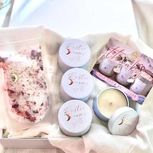 Thank-You Gift Box - Scented Soy Candles - Essential Oils - Bath Salts