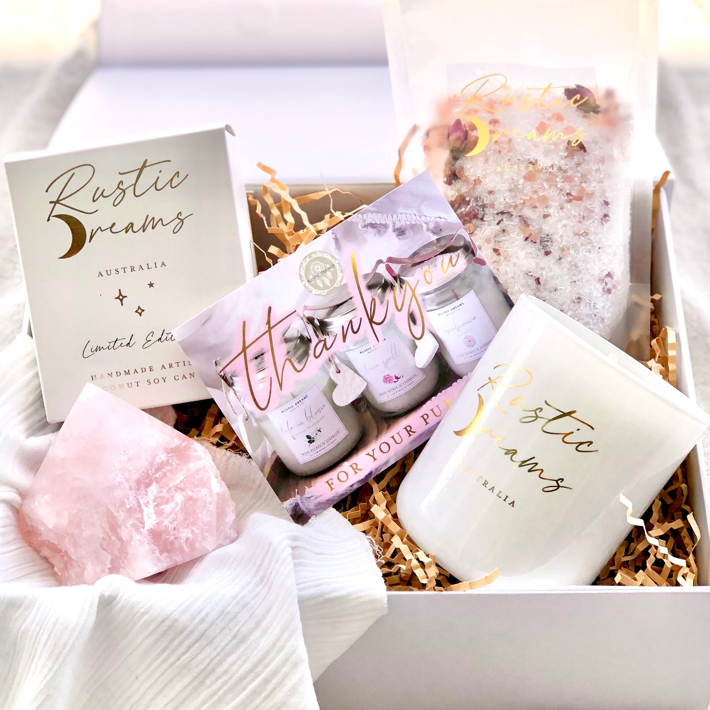 Rose Quartz Gift Box - Scented Soy Candles - Bath Salts